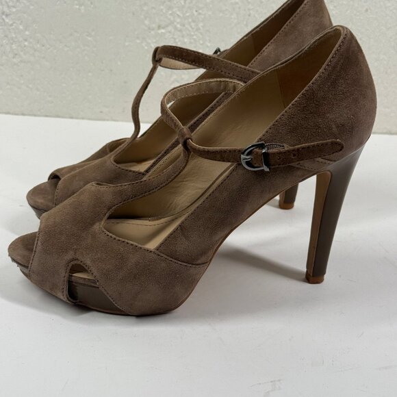 Kenneth Cole Platform Heels T-Strap Taupe Suede Peep Toe Heel Size 8.5 - Picture 8 of 14
